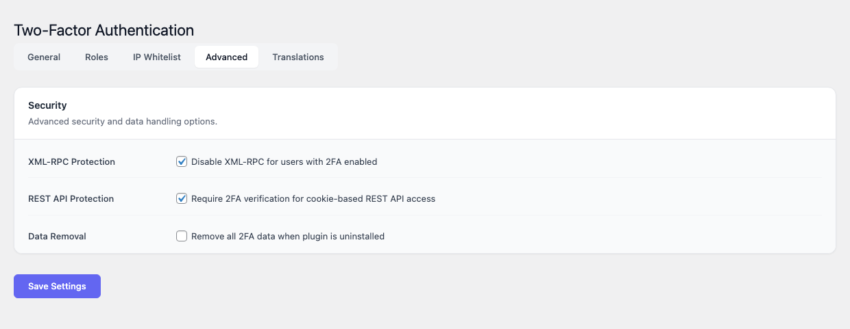 Two-Factor Auth — Advanced tab