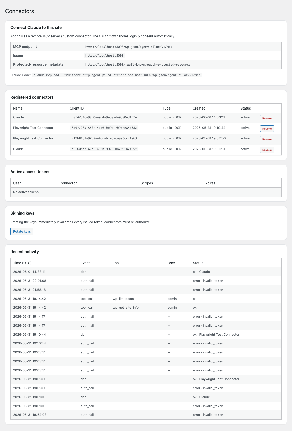 Agent Pilot Connectors admin screen