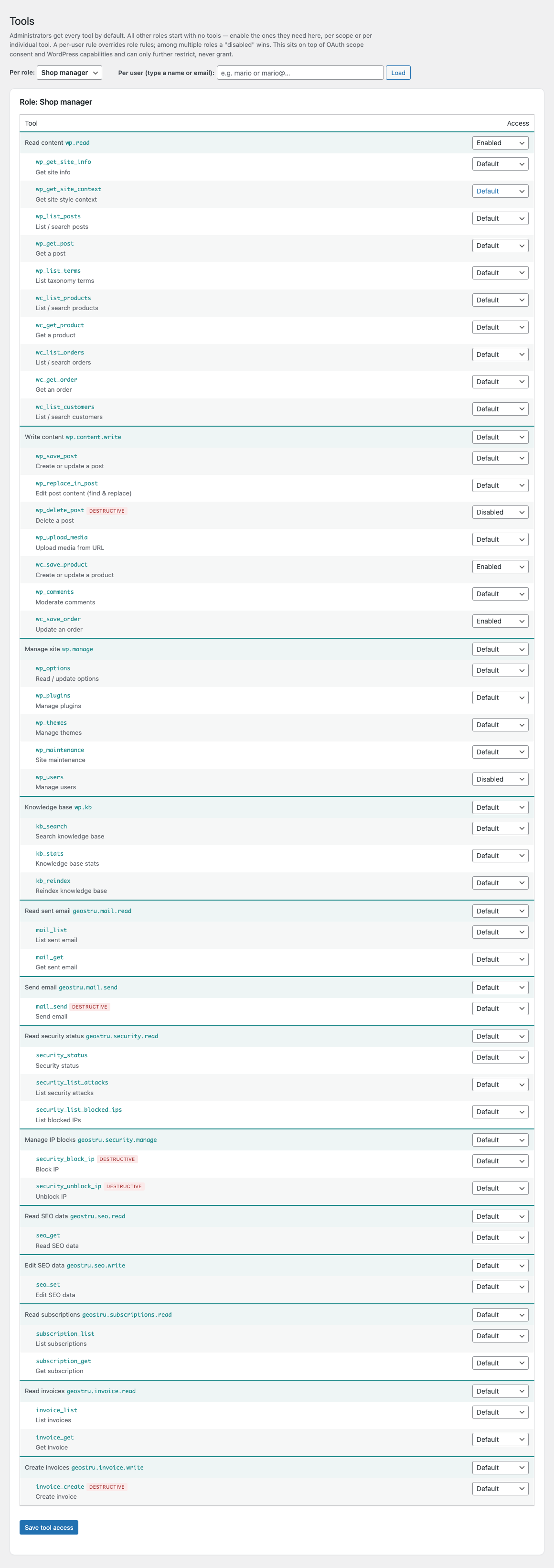 Agent Pilot Tools screen — per-role and per-user tool access
