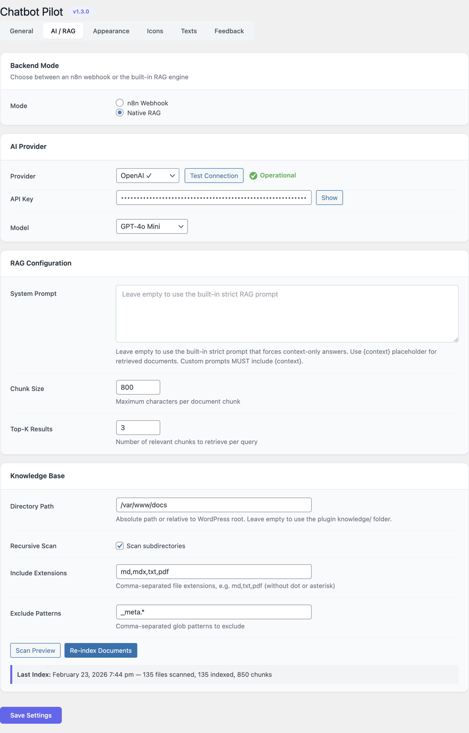 AI provider settings