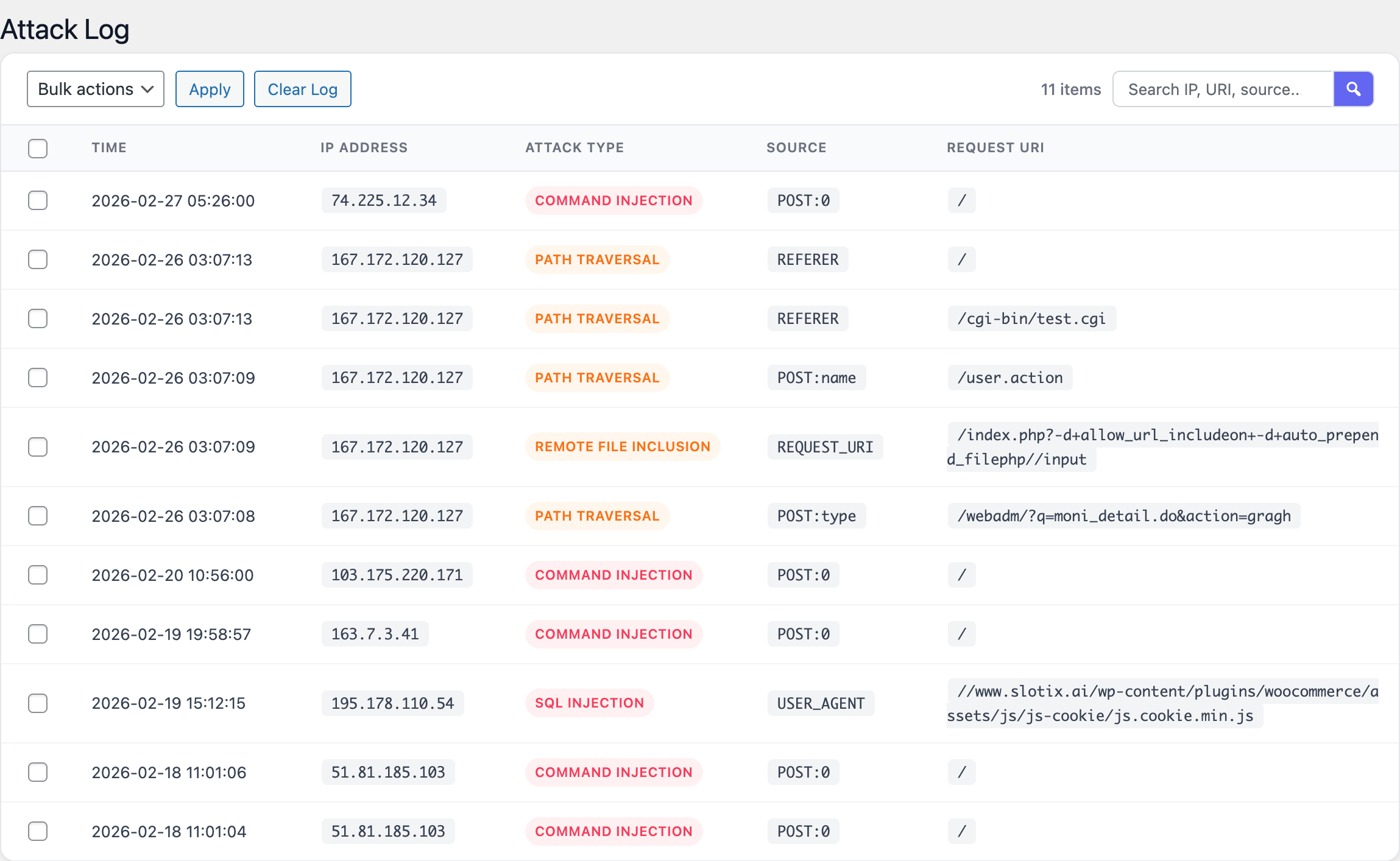 Attack log entries