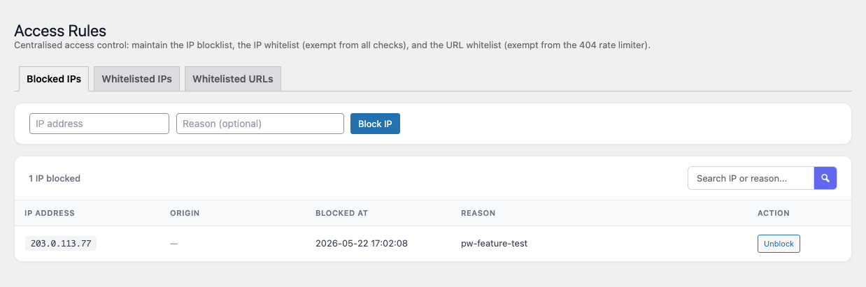 Access Rules — Blocked IPs tab