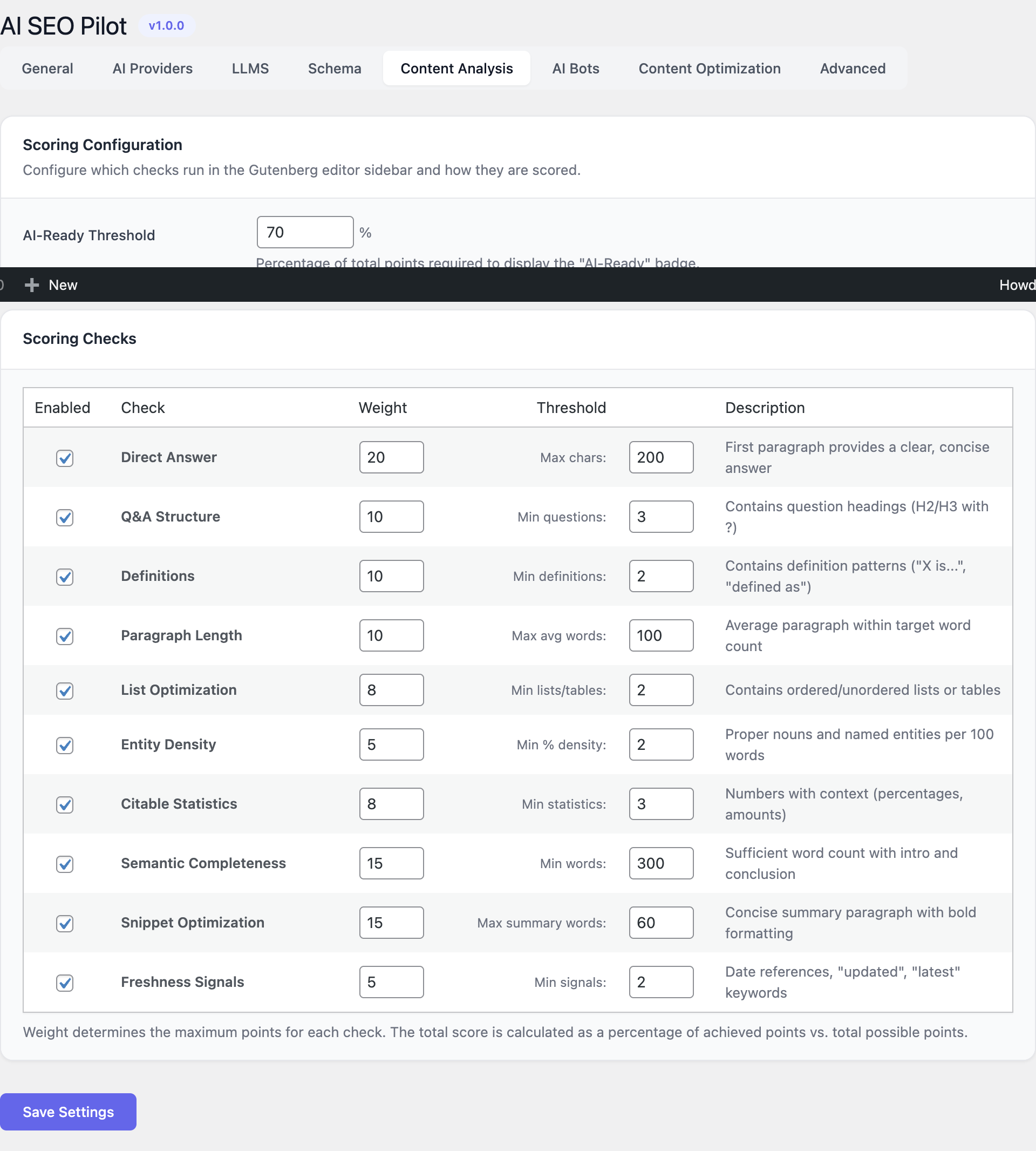 Content Analysis settings