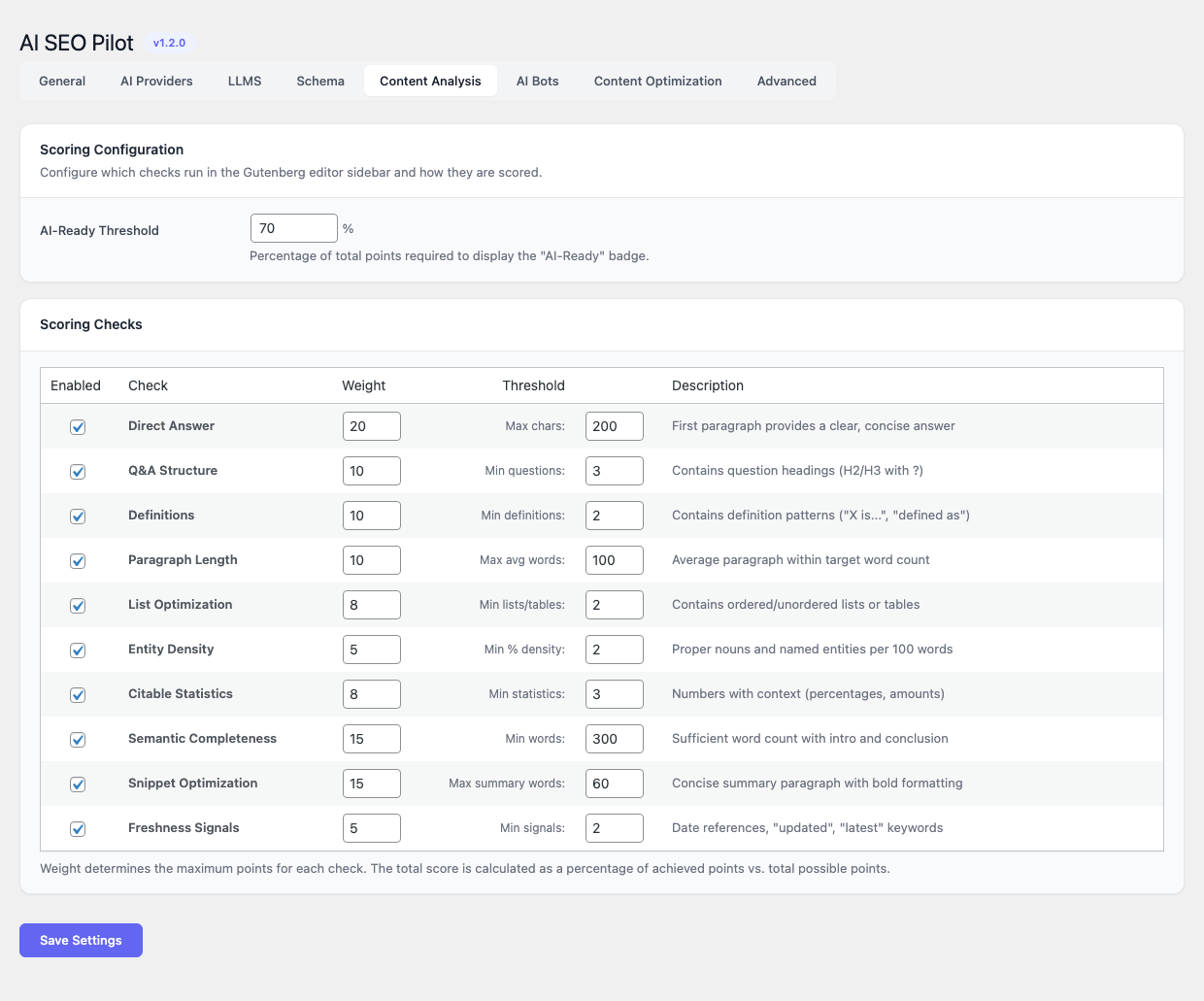 Content Analysis settings