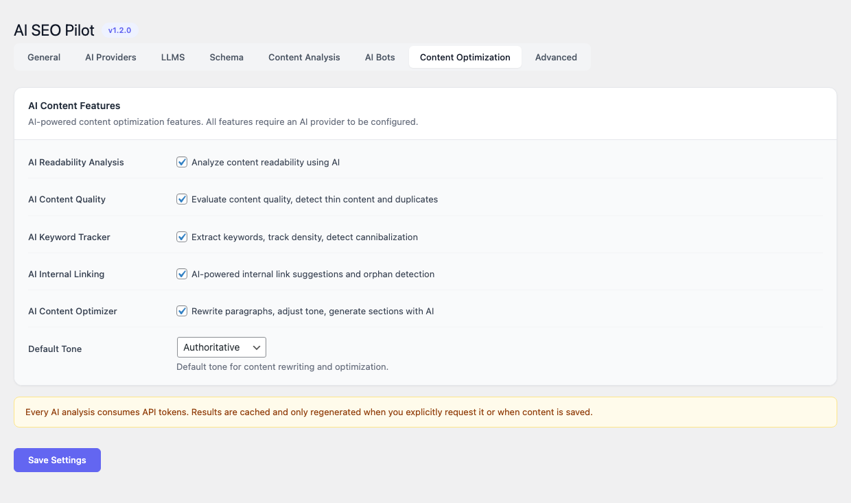 AI SEO Pilot — Settings → Content Optimization