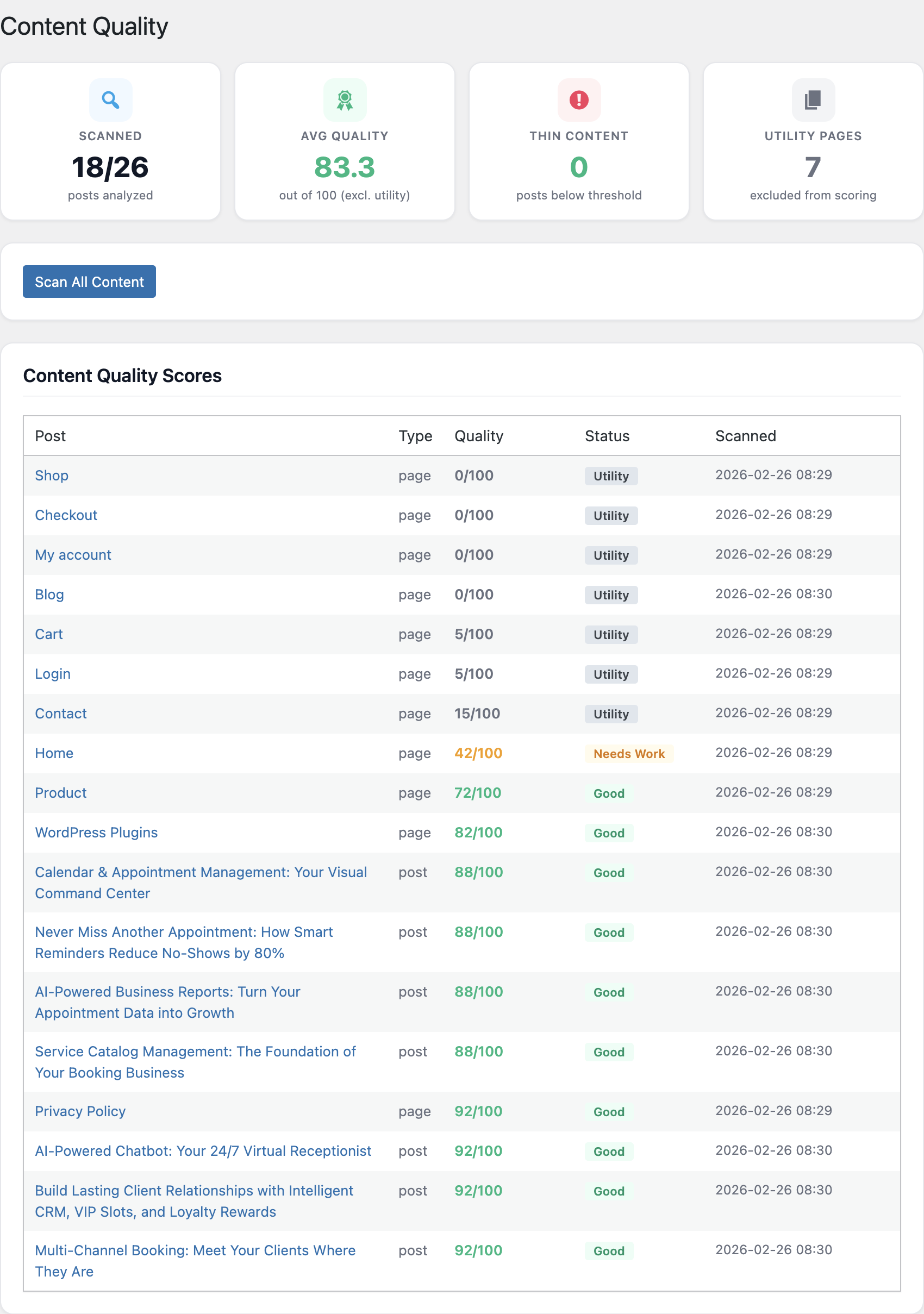 Content Quality screen