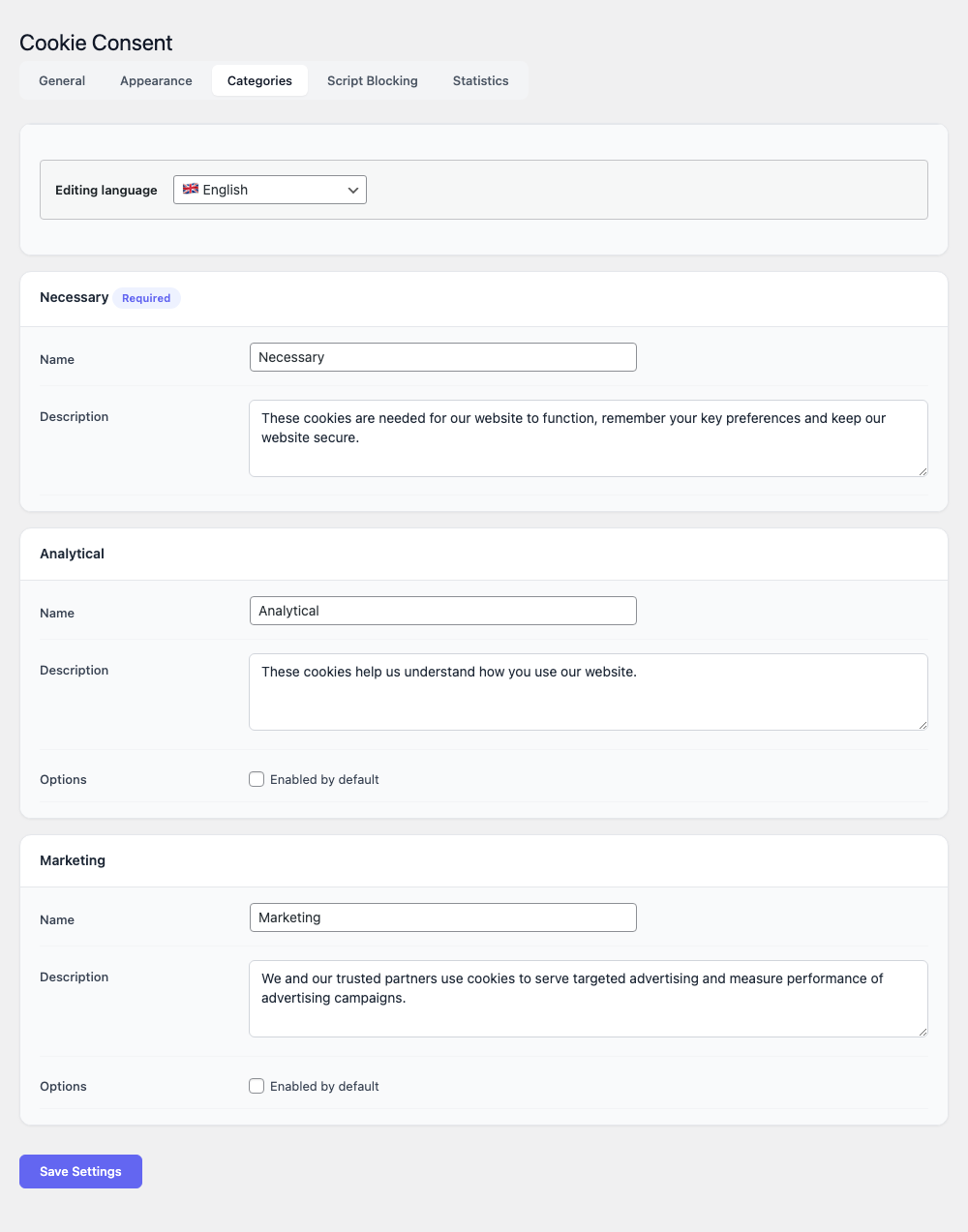 Categories settings tab