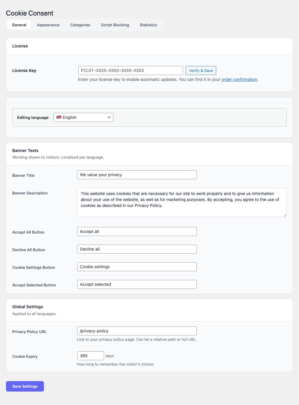 General settings tab