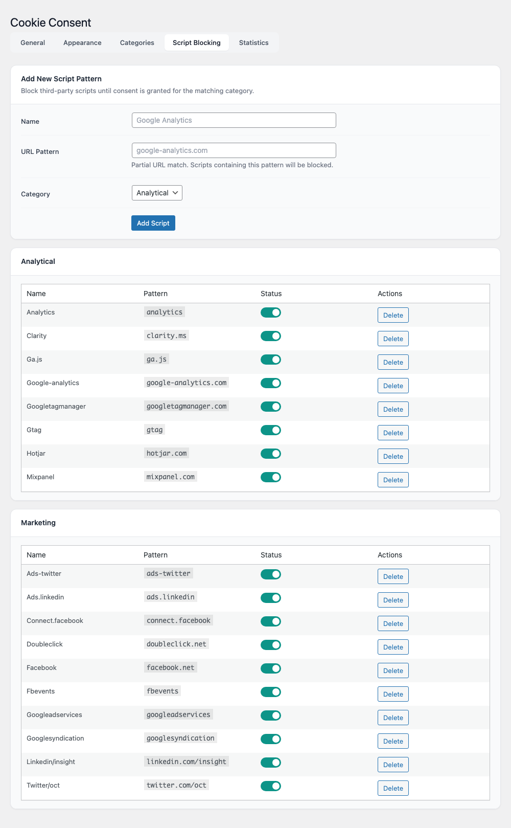 Script blocking settings tab