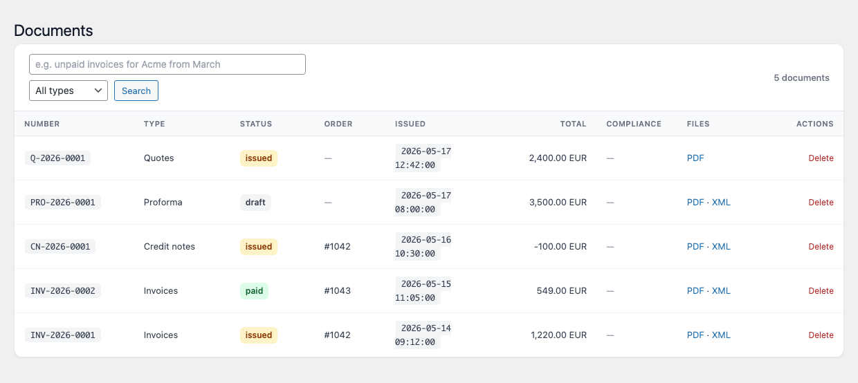 Invoice Pilot — Documents list