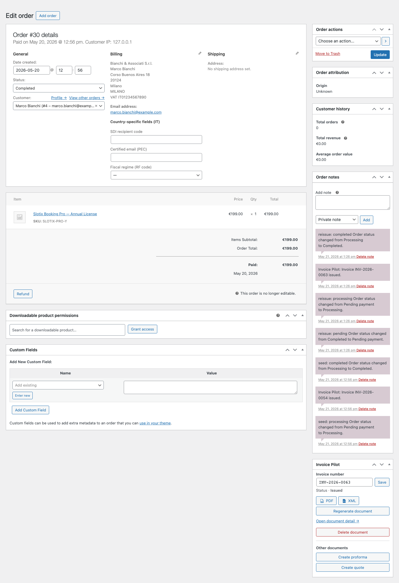Invoice Pilot — WooCommerce order edit screen with the country-specific billing fields and the Invoice Pilot meta box