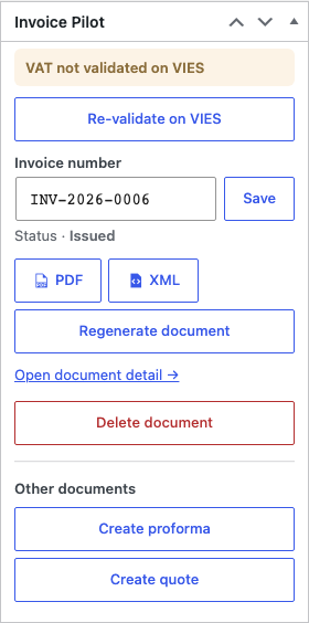 Invoice Pilot — Order edit meta box, VAT not yet validated, with Re-validate on VIES button