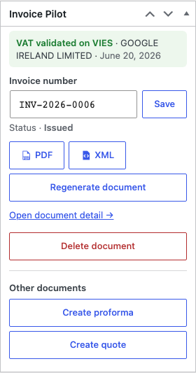 Invoice Pilot — Order edit meta box, VAT validated on VIES