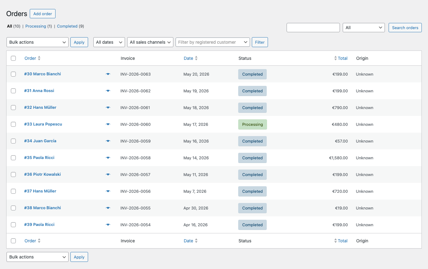 Invoice Pilot — Invoice number column on the WC Orders screen
