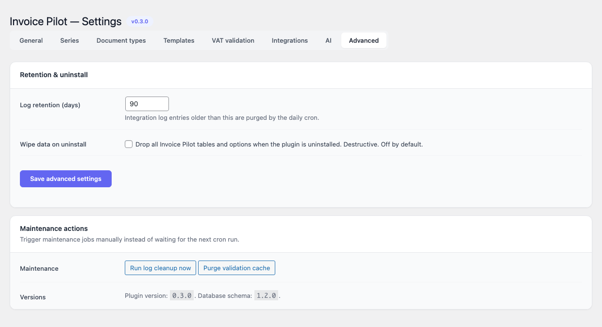 Invoice Pilot — Settings, Advanced tab
