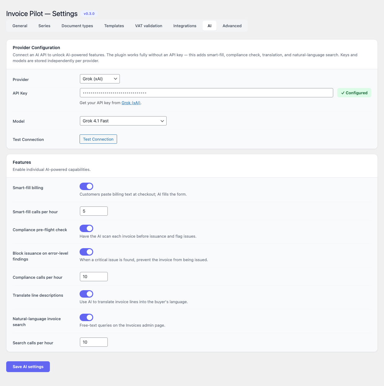 Invoice Pilot — Settings, AI tab