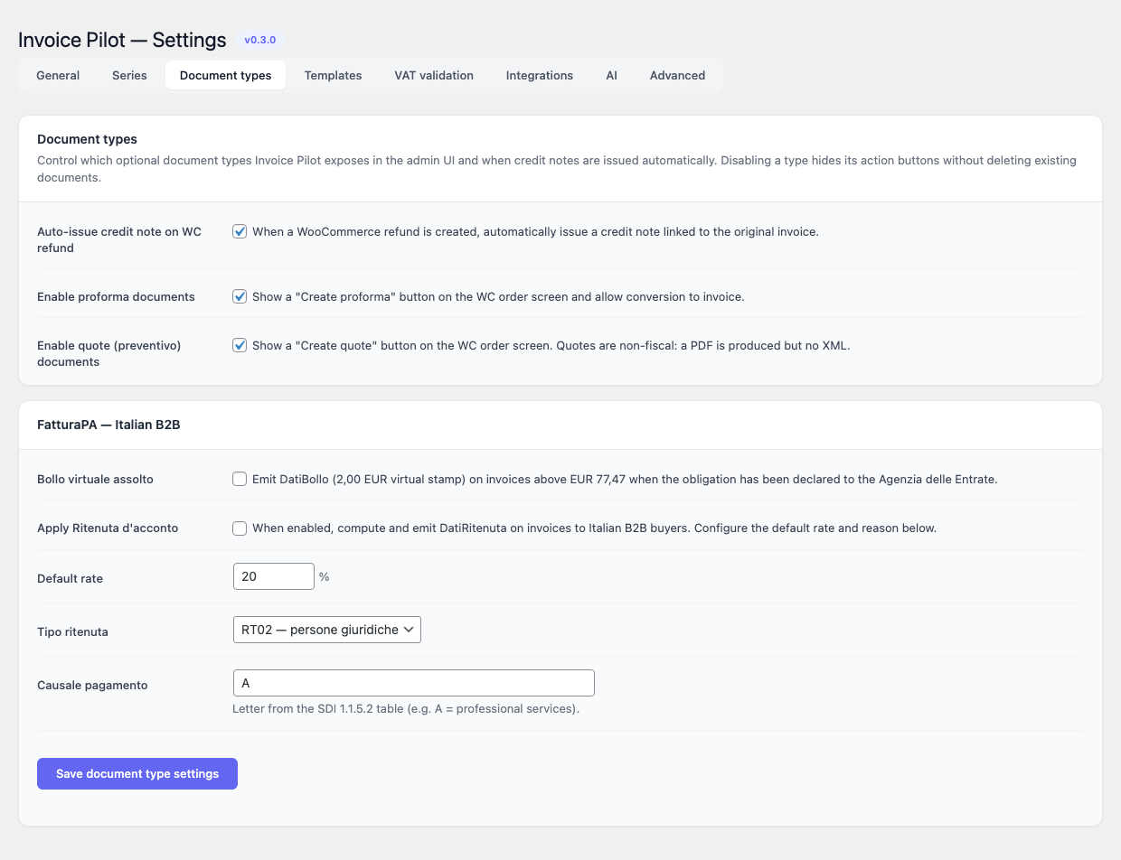 Invoice Pilot — Settings, Document types tab