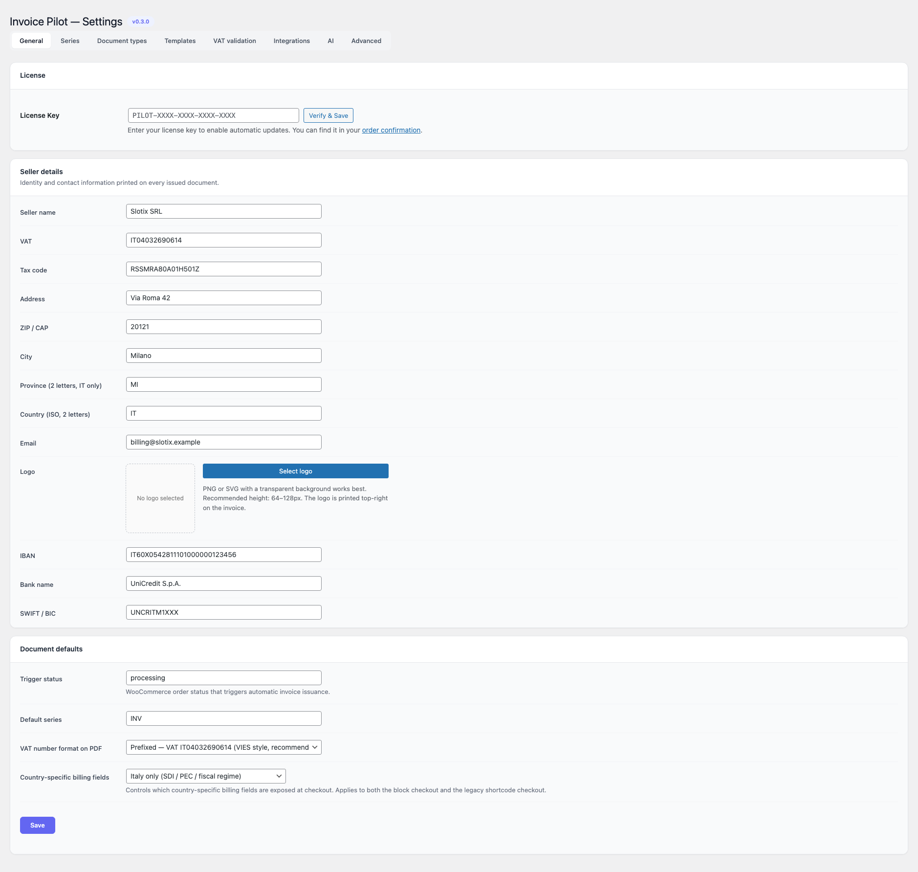 Invoice Pilot — Settings, General tab