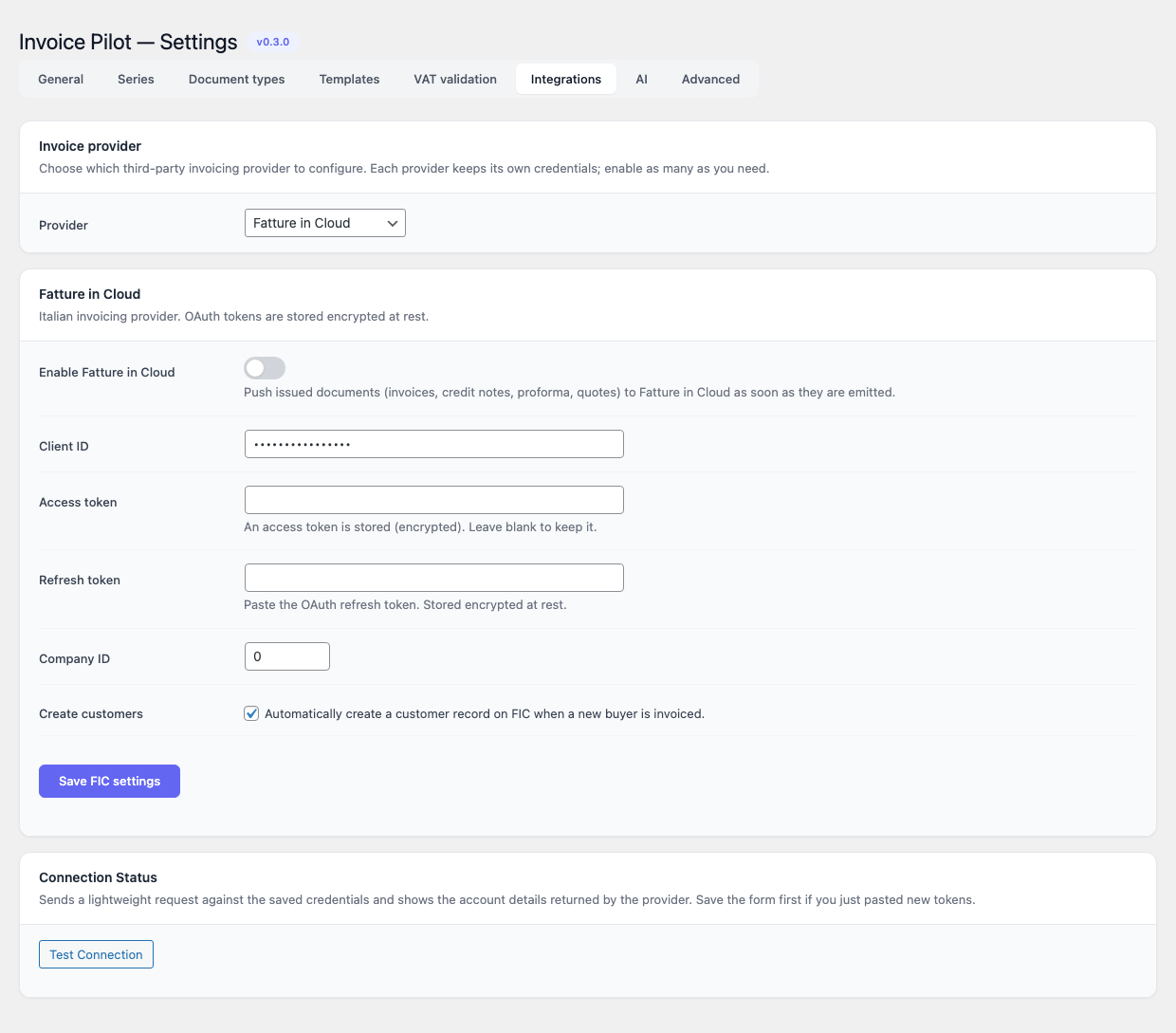 Invoice Pilot — Integrations, Fatture in Cloud panel