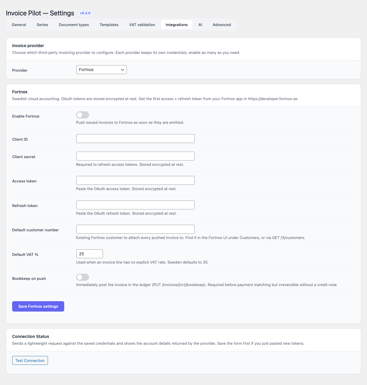 Invoice Pilot — Integrations, Fortnox panel