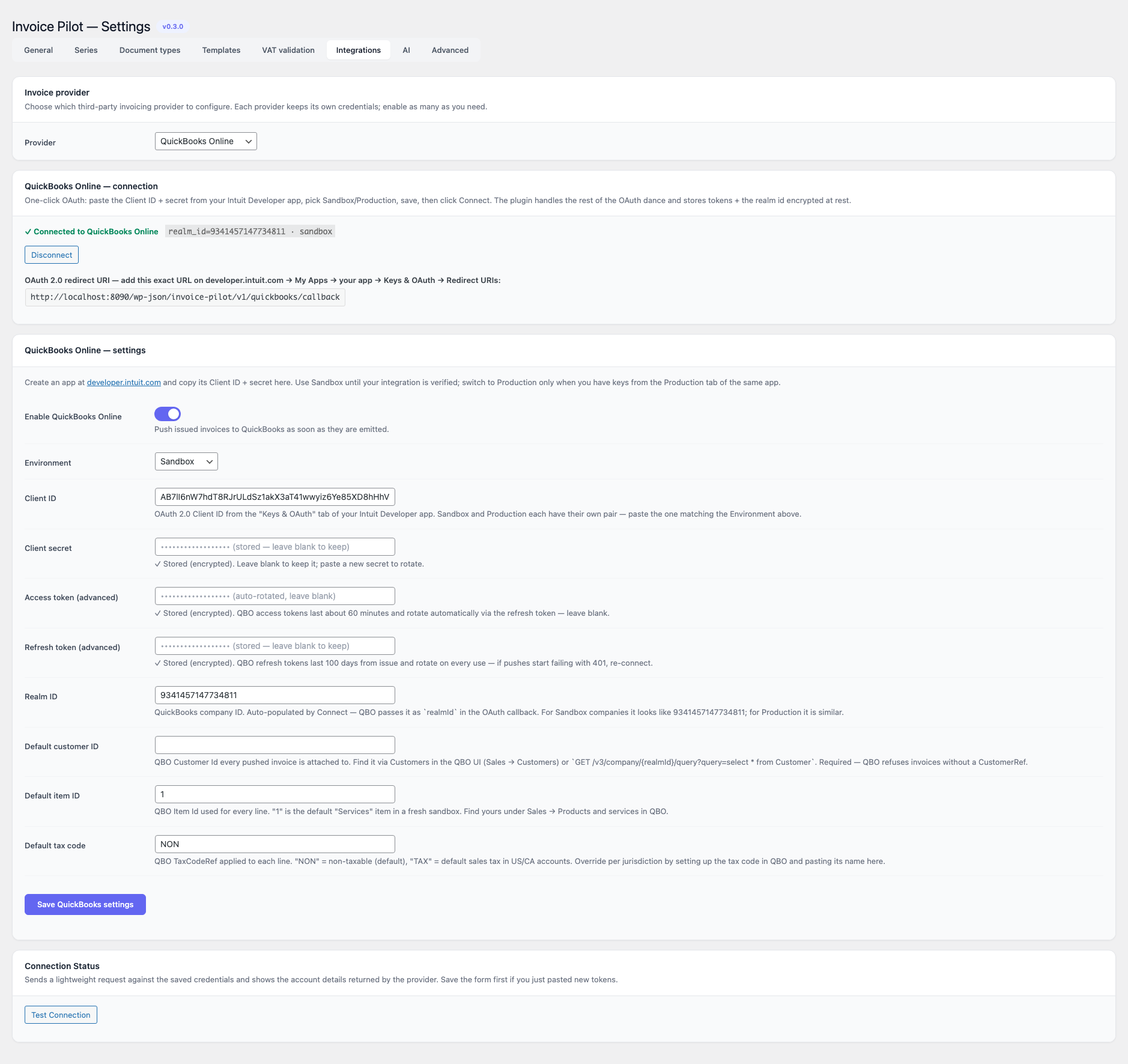 Invoice Pilot — Integrations, QuickBooks Online panel