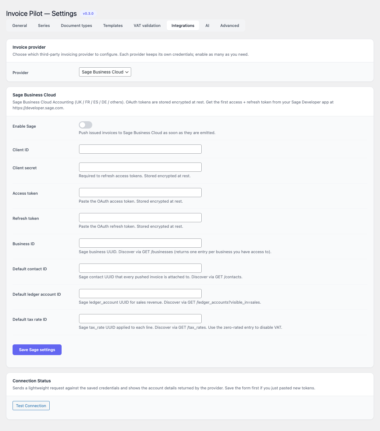 Invoice Pilot — Integrations, Sage panel