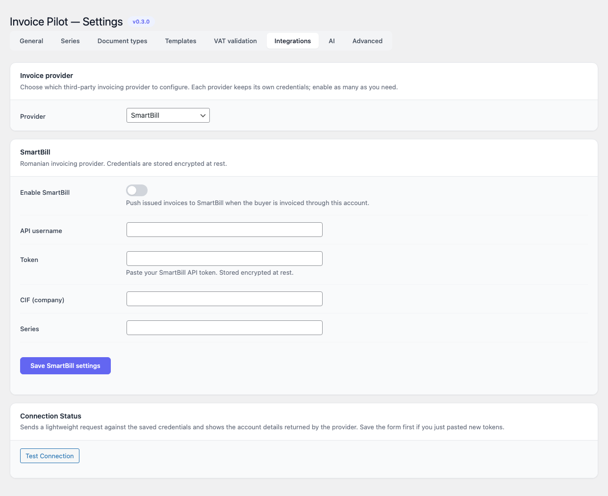 Invoice Pilot — Integrations, SmartBill panel