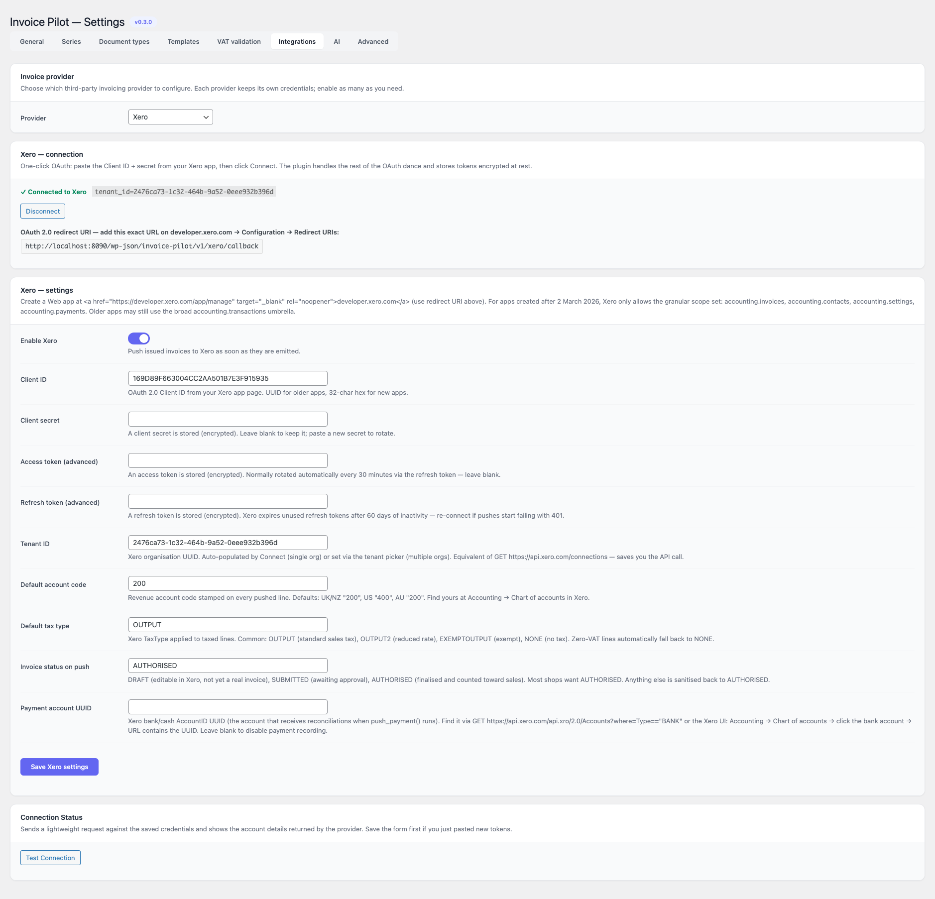 Invoice Pilot — Integrations, Xero panel