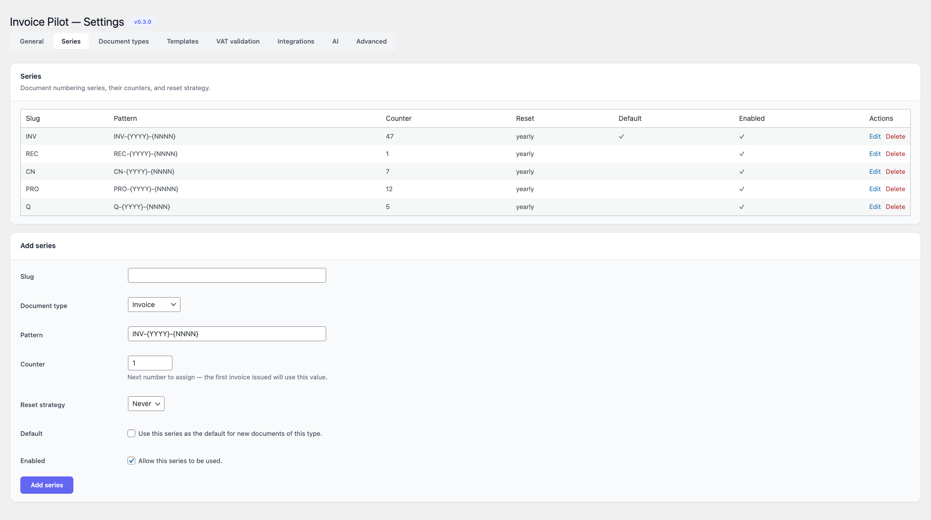 Invoice Pilot — Settings, Series tab