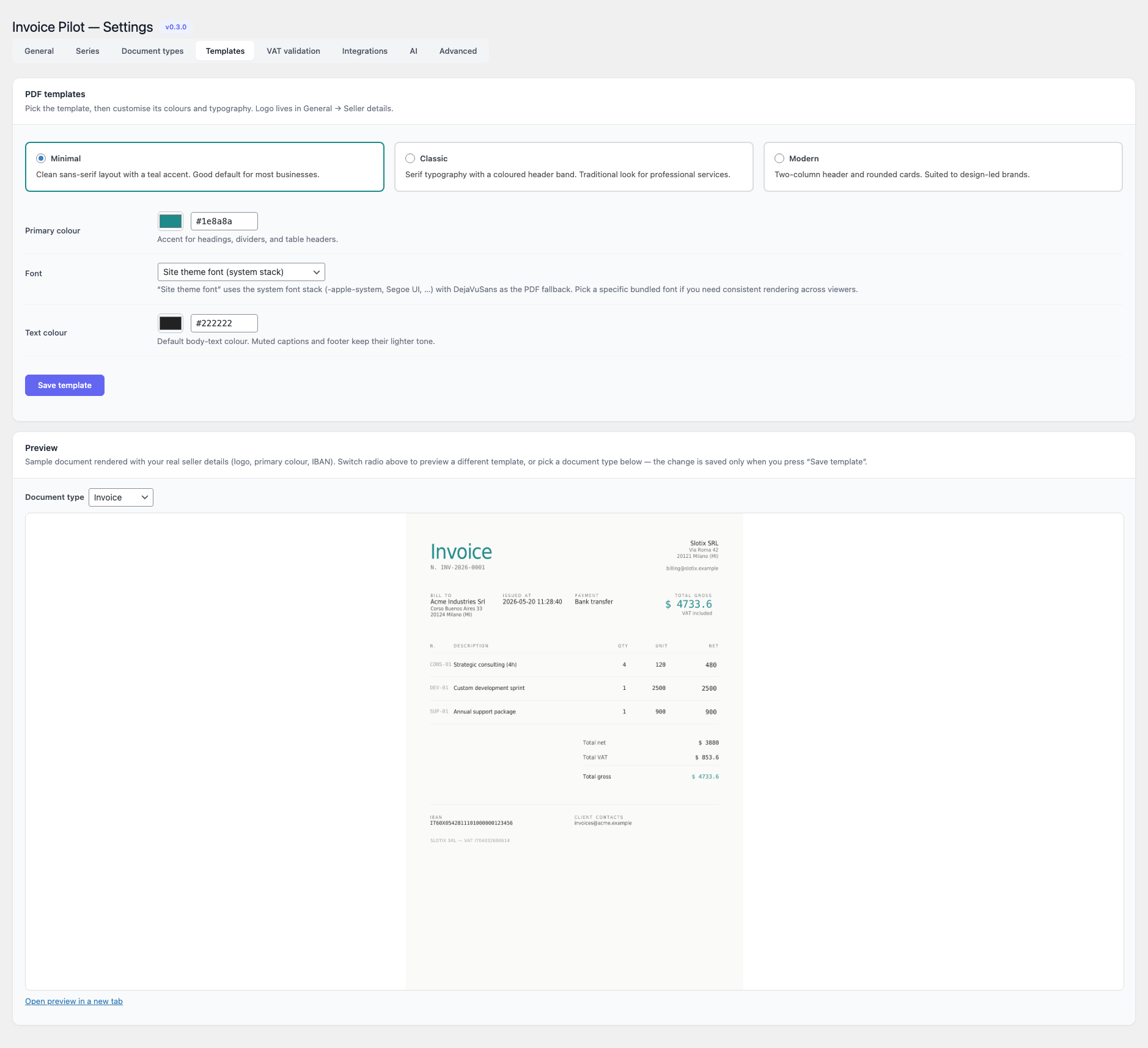Invoice Pilot — Settings, Templates tab