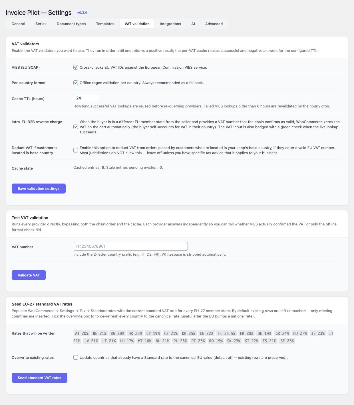 Invoice Pilot — Settings, VAT validation tab