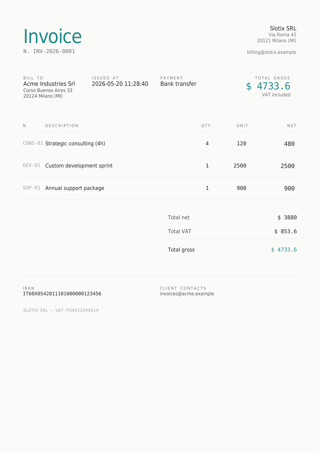 Invoice Pilot — live PDF preview (Modern template, invoice)