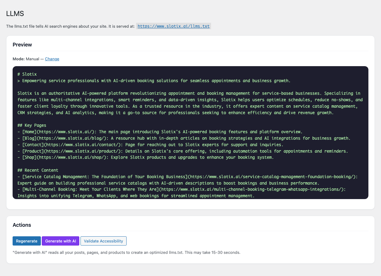 AI SEO Pilot — LLMS (llms.txt) admin page