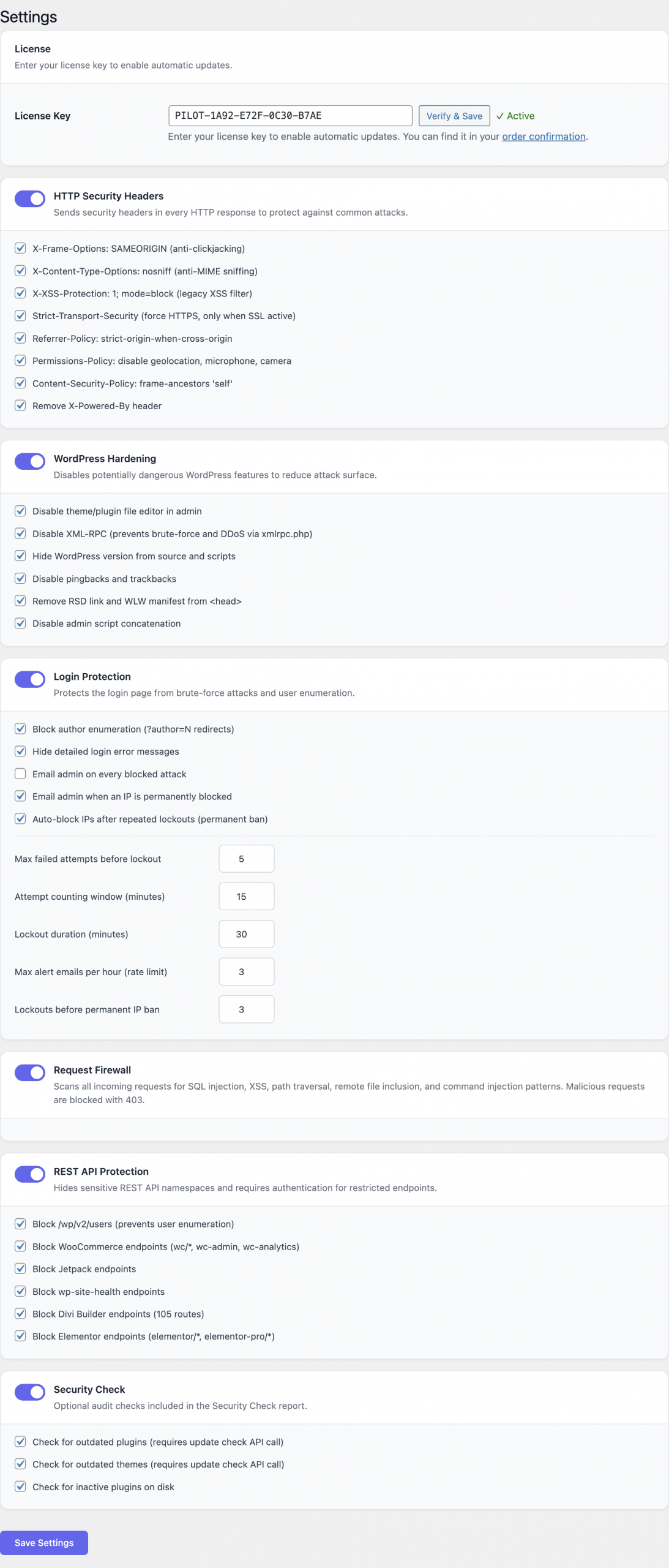 Security Pilot settings page
