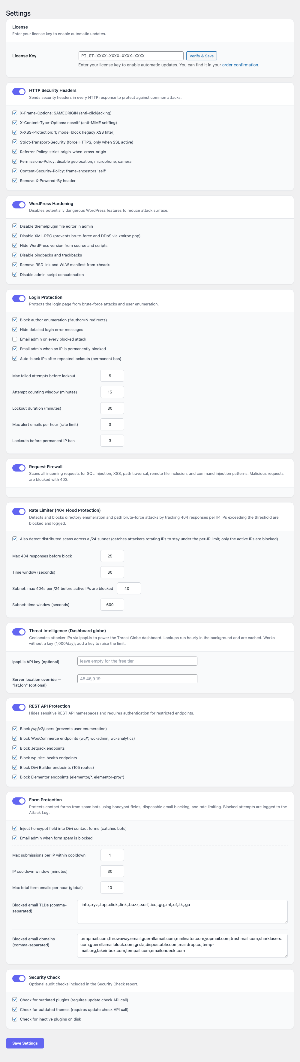 Security Pilot — Settings page