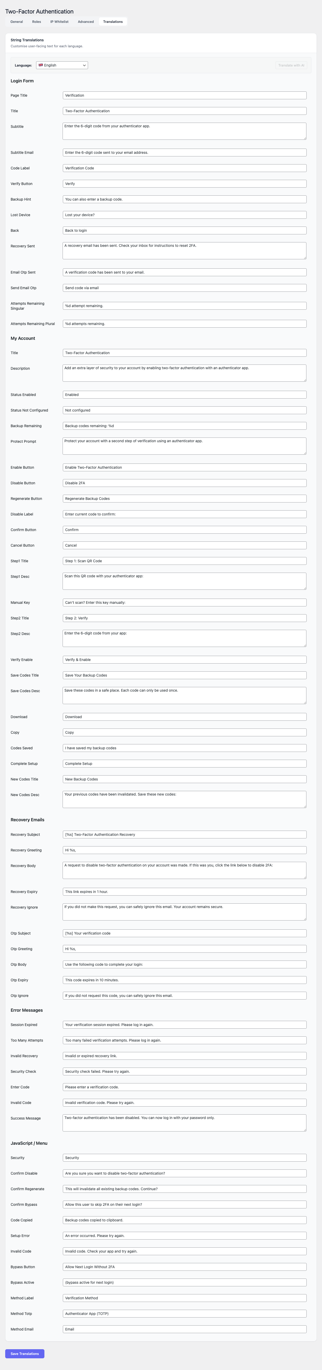 Two-Factor Auth — Translations tab